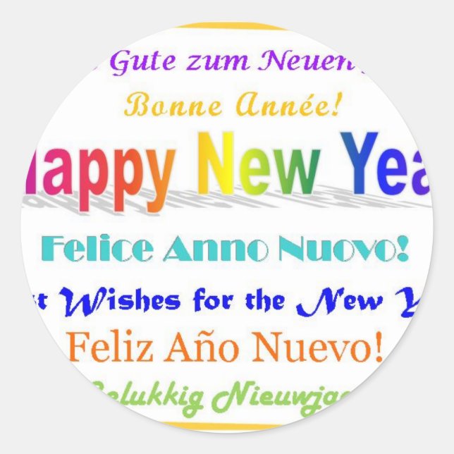 Pegatina Redonda Feliz Año Nuevo - multilingüe (Anverso)
