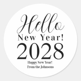 Pegatina Redonda Feliz Año Nuevo negro y blanco mínimo