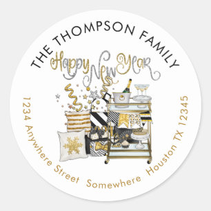 Pegatina Redonda Feliz Año Nuevo Oro Negro Nombre de la devolución