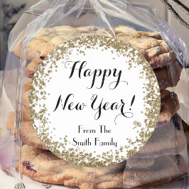 Pegatina Redonda Feliz Año Nuevo, oro simple y blanco