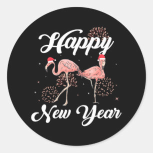 Pegatina Redonda Feliz Año Nuevo para el Día del Año Nuevo Flamingo