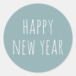 Pegatina Redonda Feliz Año Nuevo. Pastel azul pálido lindo minimali