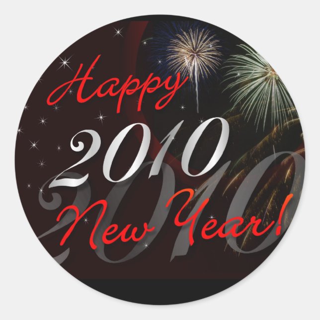 Pegatina Redonda Feliz Año Nuevo Pegatinas - 2010 con fuegos artifi (Anverso)