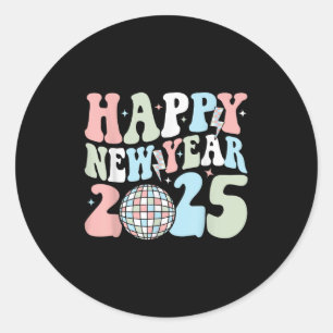 Pegatina Redonda Feliz Año Nuevo Retro Groovy 2025 Cute Nochevieja
