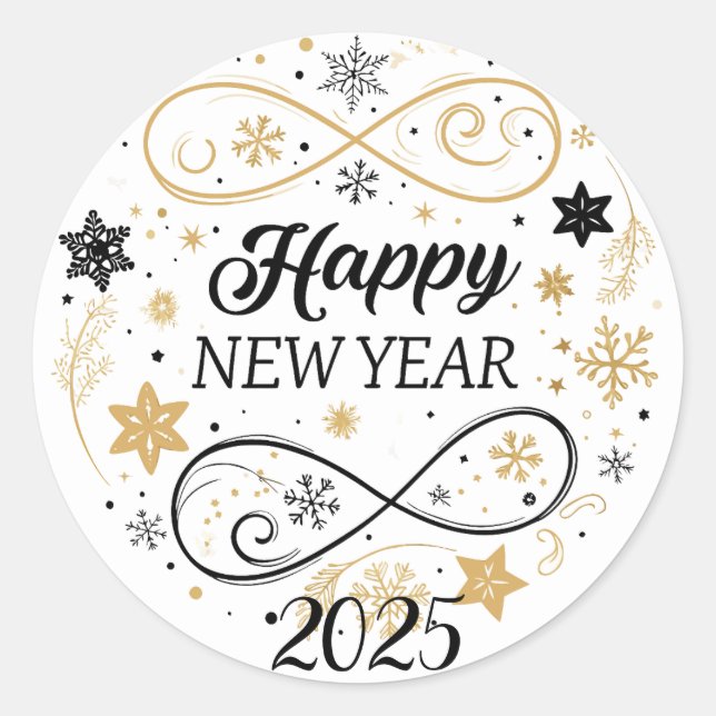 Pegatina Redonda Feliz Año Nuevo Snowflake (Anverso)
