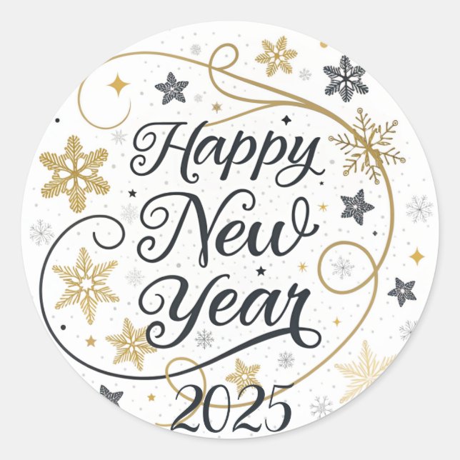 Pegatina Redonda Feliz Año Nuevo Snowflake (Anverso)