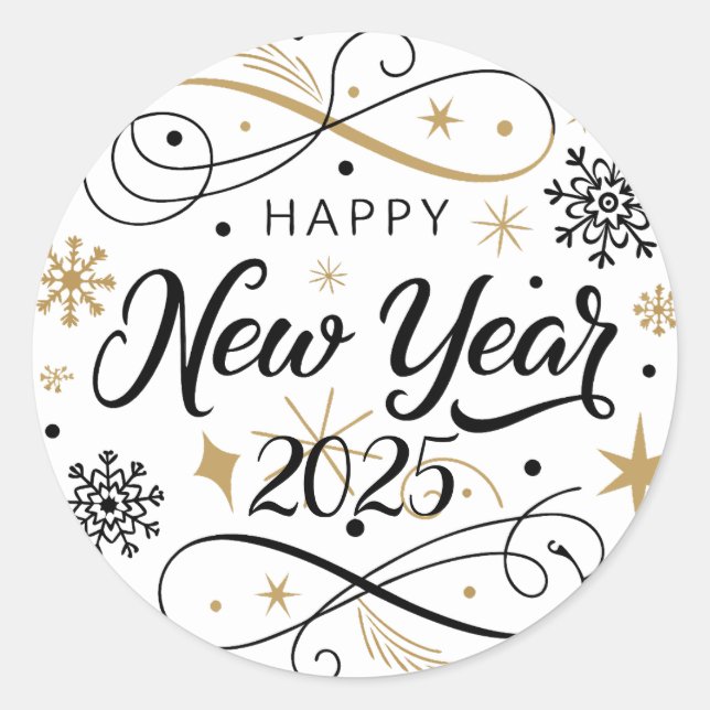 Pegatina Redonda Feliz Año Nuevo Snowflake (Anverso)