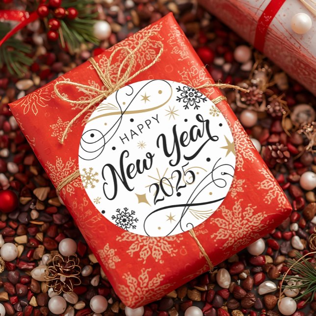 Pegatina Redonda Feliz Año Nuevo Snowflake (Subido por el creador)