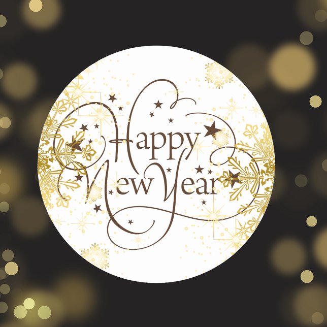 Pegatina Redonda Feliz Año Nuevo Snowflake (Subido por el creador)