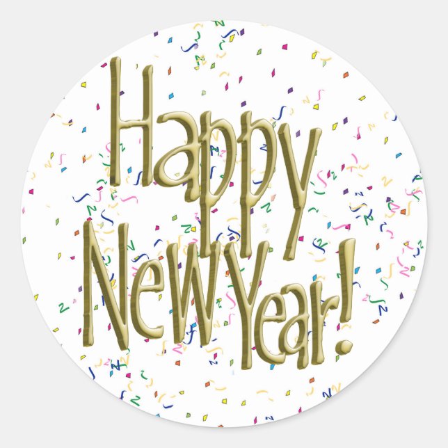 Pegatina Redonda Feliz Año Nuevo Texto de Oro (Anverso)