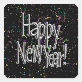 Pegatina Redonda Feliz Año Nuevo - Texto Plateado con Confetti Negr