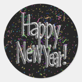 Pegatina Redonda Feliz Año Nuevo - Texto Plateado con Confetti Negr