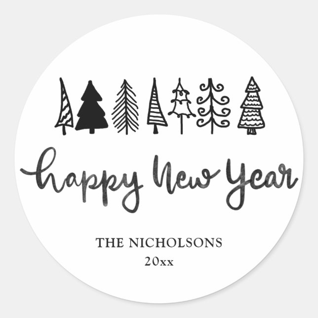 Pegatina Redonda Feliz Año Nuevo | Vacaciones modernas manuscritas (Anverso)