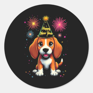 Pegatina Redonda Feliz Año Nuevo Vispera 2025 Fuegos Artificiales P
