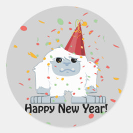 Pegatina Redonda Feliz Año Nuevo Yeti