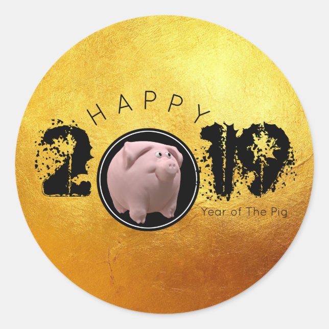 Pegatina Redonda Feliz Año PIg 2019 Original 3D dorado 2 Ronda S (Anverso)