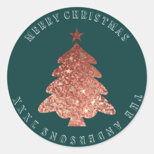 Pegatina Redonda Feliz Árbol de Navidad Rosa Gold Cali Green