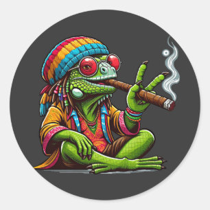Pegatina Redonda Feliz arte de fumar cigarro en Iguana