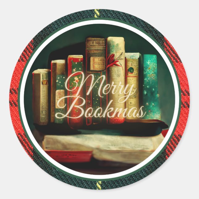 Pegatina Redonda Feliz Bookmas, lectores y Navidades de los amantes (Anverso)