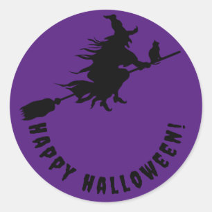 Pegatina Redonda Feliz bruja morada de Halloween