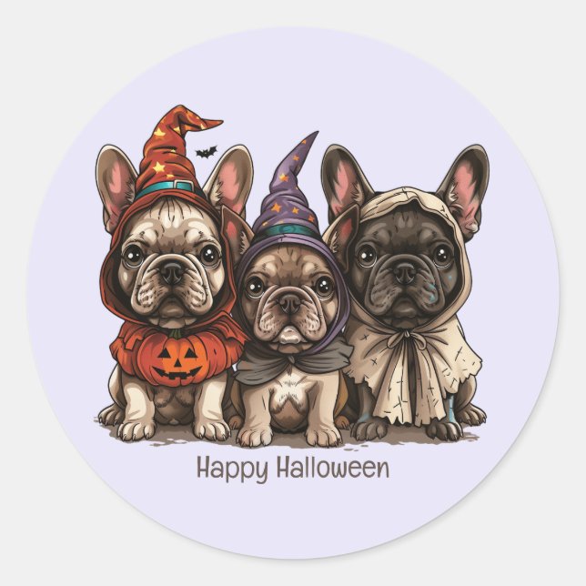 Pegatina Redonda Feliz Bulldog francés de Halloween (Anverso)