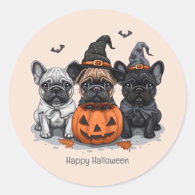 Pegatina Redonda Feliz Bulldog francés de Halloween (Anverso)