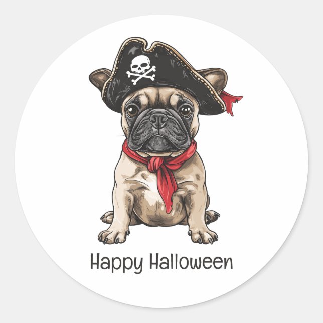 Pegatina Redonda Feliz Bulldog francés pirata de Halloween (Anverso)