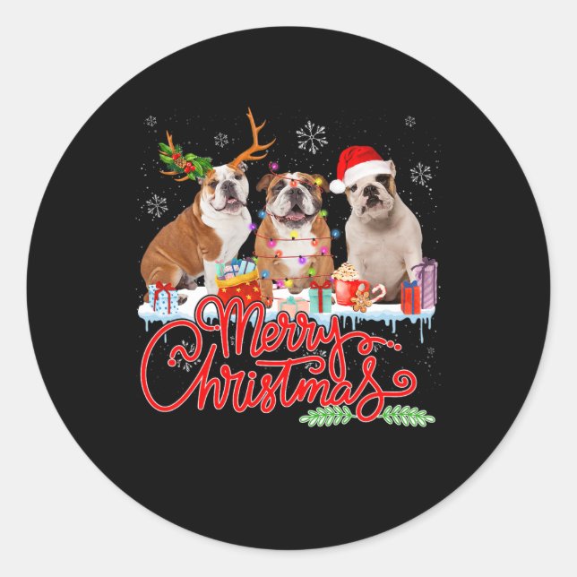 Pegatina Redonda Feliz Bulldog navideño con luz de reno (Anverso)
