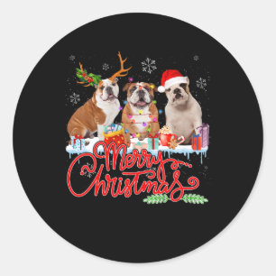 Pegatina Redonda Feliz Bulldog navideño con luz de reno