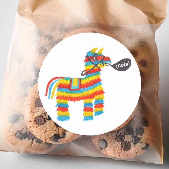 Pegatina Redonda Feliz burro piñata dice "hola" (Happy burro piñata says "hola" classic round sticker
)