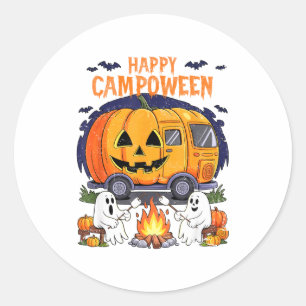 Pegatina Redonda Feliz Camp-o-ween Halloween Camping Fantasmas Y Ca