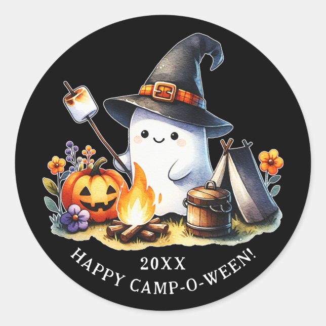 Pegatina Redonda Feliz campamento-o-ween Ghost Camping Halloween Bl (Anverso)