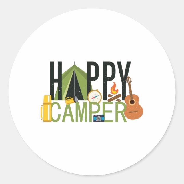 Pegatina Redonda Feliz Camper - Diseño de Amante de Camping (Anverso)