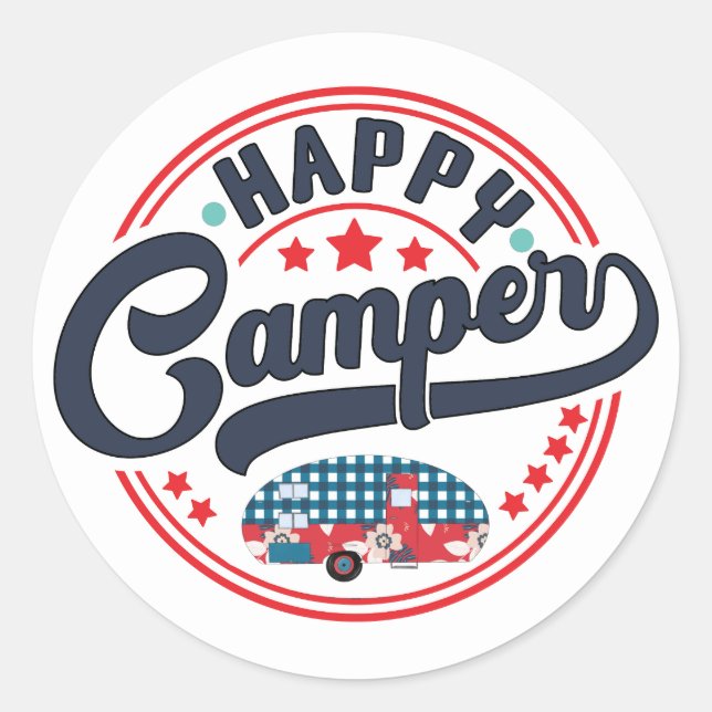 Pegatina Redonda Feliz Camper RV (Anverso)