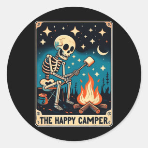 Pegatina Redonda Feliz Camper Tarot Card Skeleton Camper Funny Camp
