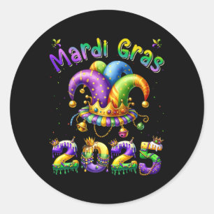 Pegatina Redonda Feliz Carnaval de Mardi Gras 2025 Jester O