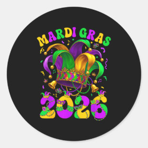 Pegatina Redonda Feliz Carnaval de Mardi Gras Mardi Gras 2026 Bufón