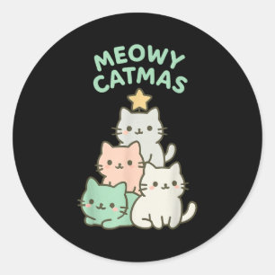 Pegatina Redonda Feliz Catmas Gato Navidad Árbol De Navidad Gatito