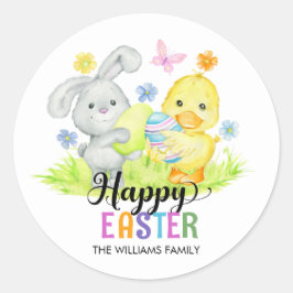 Pegatina Redonda Feliz Caza de Huevos de Pascua, conejito y polluel