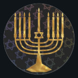 Pegatina Redonda Feliz chanukah<br><div class="desc">Ilustracion de una menorah con texto Feliz Chanukah</div>