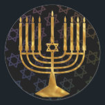 Pegatina Redonda Feliz chanukah<br><div class="desc">Ilustracion de una menorah con texto Feliz Chanukah</div>