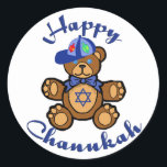 Pegatina Redonda Feliz Chanukah Teddy Bear<br><div class="desc">Un oso de peluche con una estrella judía en el pecho le desea a todos un Chanukah feliz.</div>