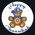 Pegatina Redonda Feliz Chanukah Teddy Bear<br><div class="desc">Un oso de peluche con una estrella judía en el pecho le desea a todos un Chanukah feliz.</div>
