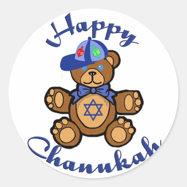 Pegatina Redonda Feliz Chanukah Teddy Bear (Anverso)