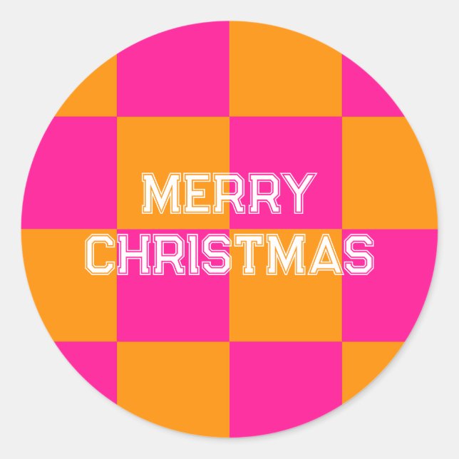Pegatina Redonda Feliz chequeo navideño Naranja rosa caliente (Anverso)