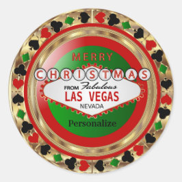 Pegatina Redonda Feliz Chip de Póquer de Navidad en Las Vegas