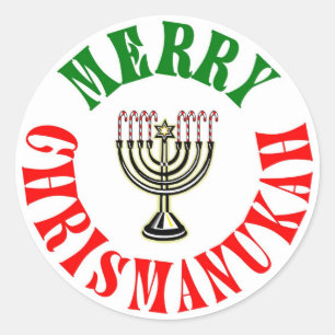 Pegatina Redonda Feliz Chrismanukah- Menorá de Navidad y Janucá