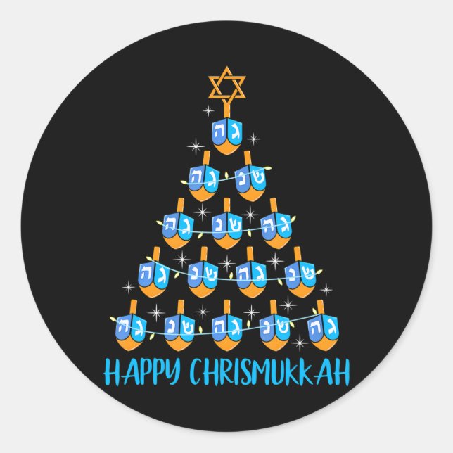 Pegatina Redonda Feliz Chrismukkah Dreidel Árbol de Navidad Hanukka (Anverso)