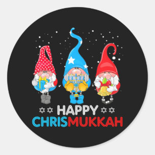 Pegatina Redonda Feliz Chrismukkah Gnomes Navidades Hanukkah