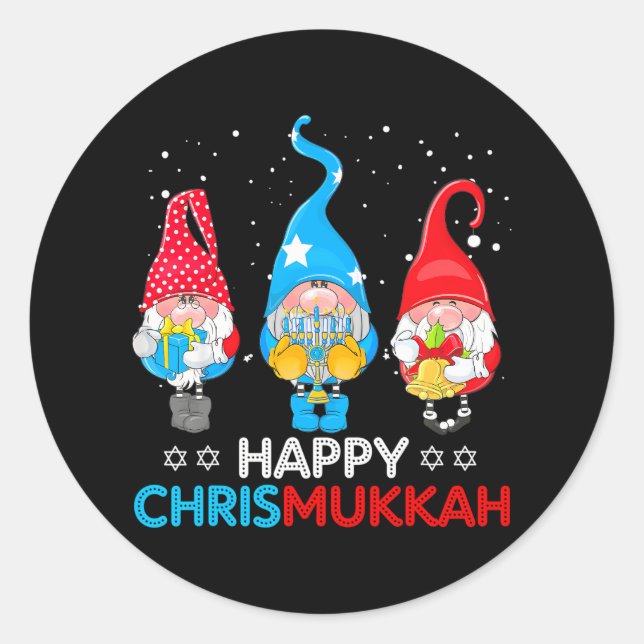 Pegatina Redonda Feliz Chrismukkah Gnomes Navidades Hanukkah (Anverso)